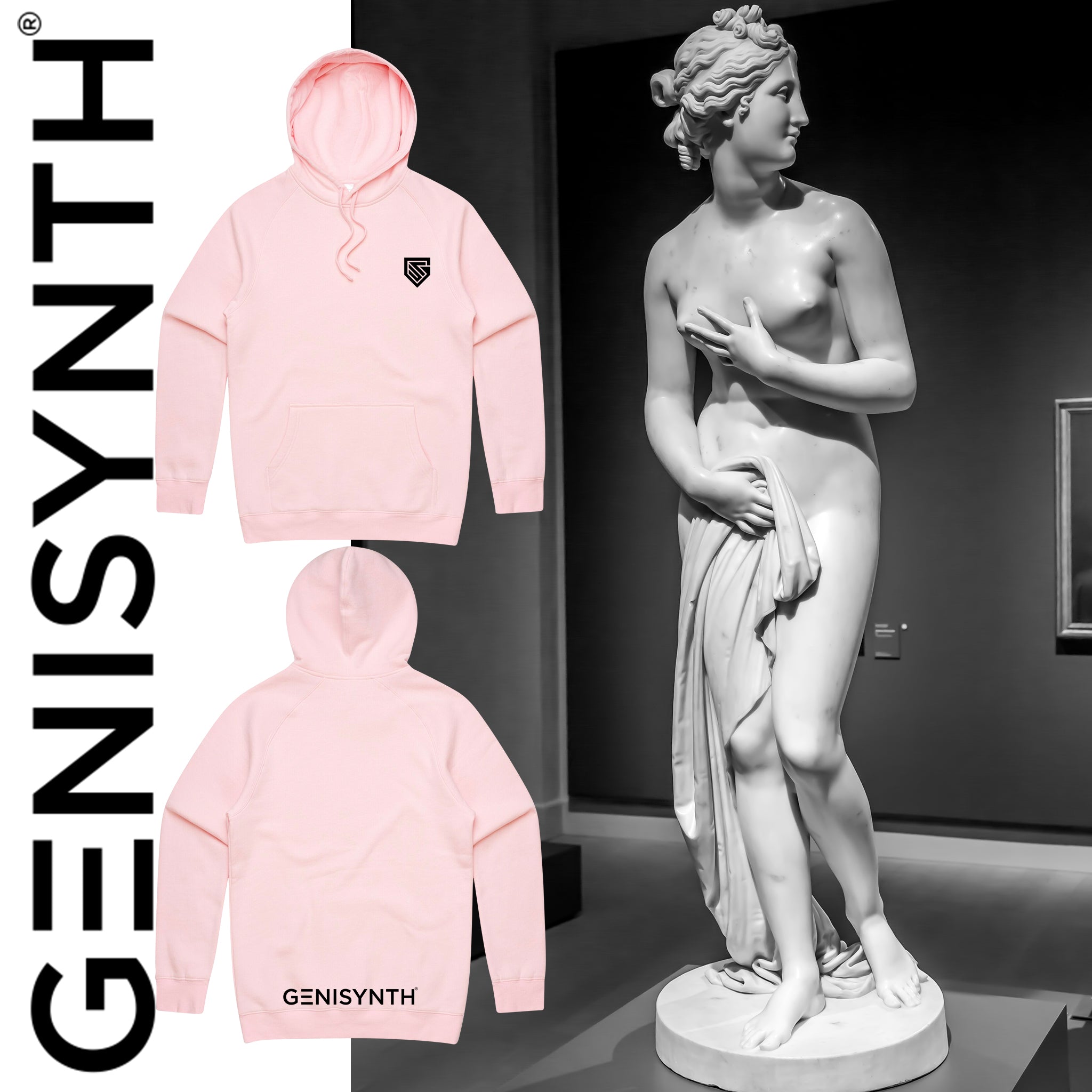Genisynth logo on both sides of Pink hoodie